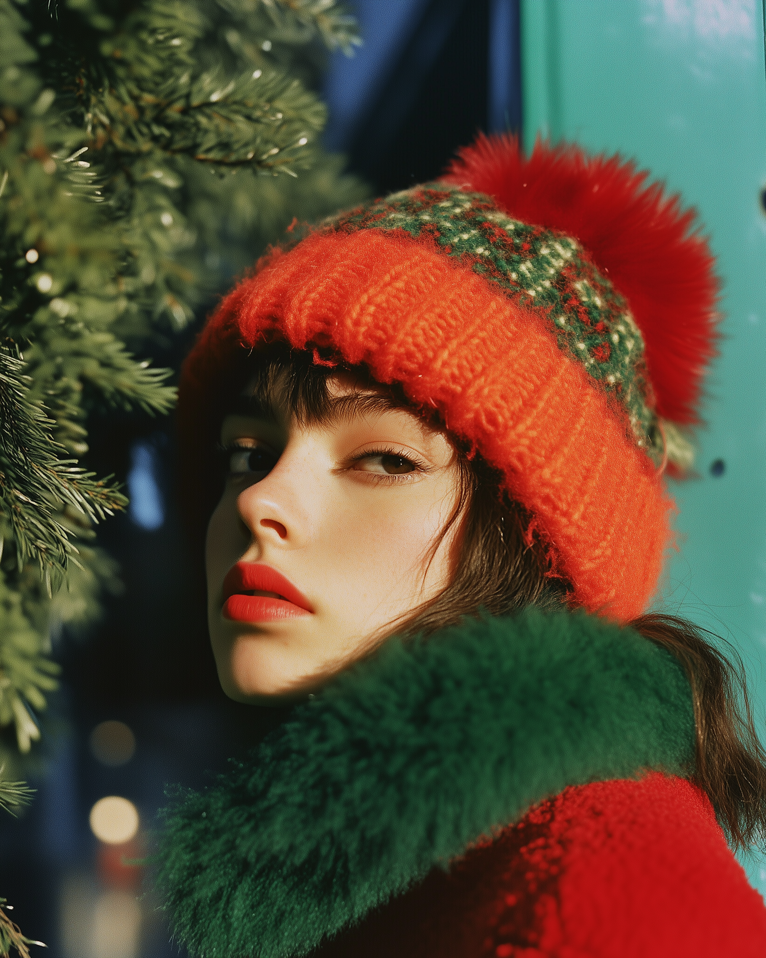 Festive Portrait with Red Knit Hat