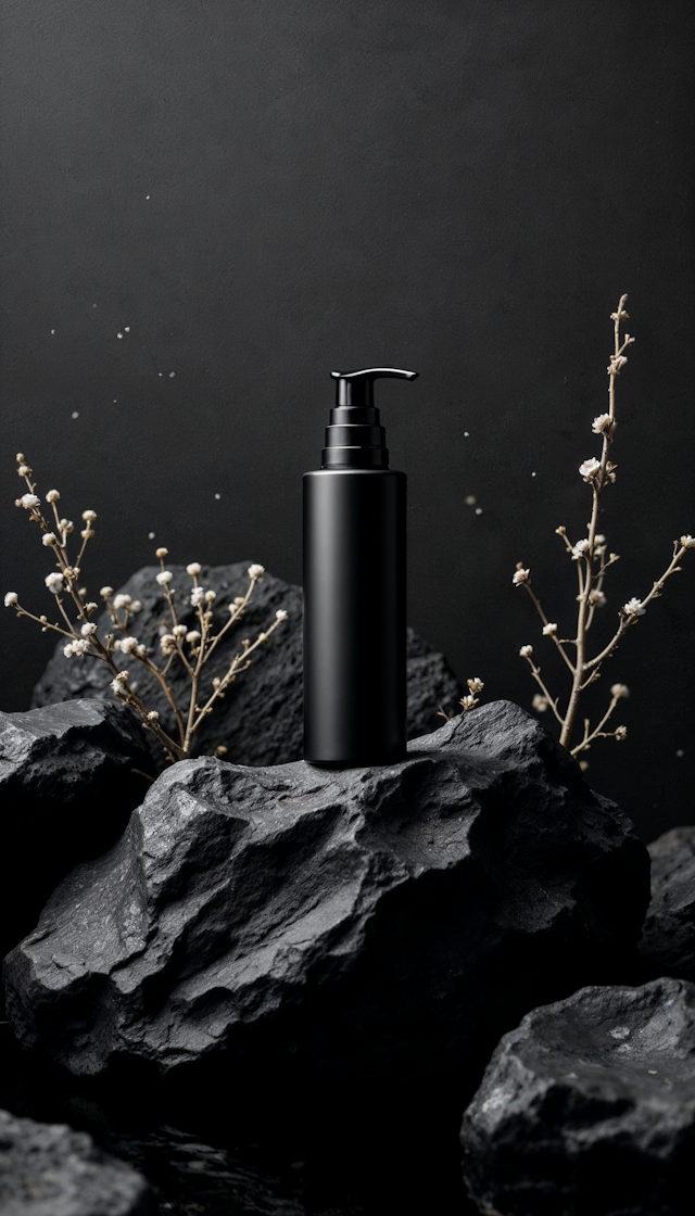 Minimalist Black Pump Bottle on Rock