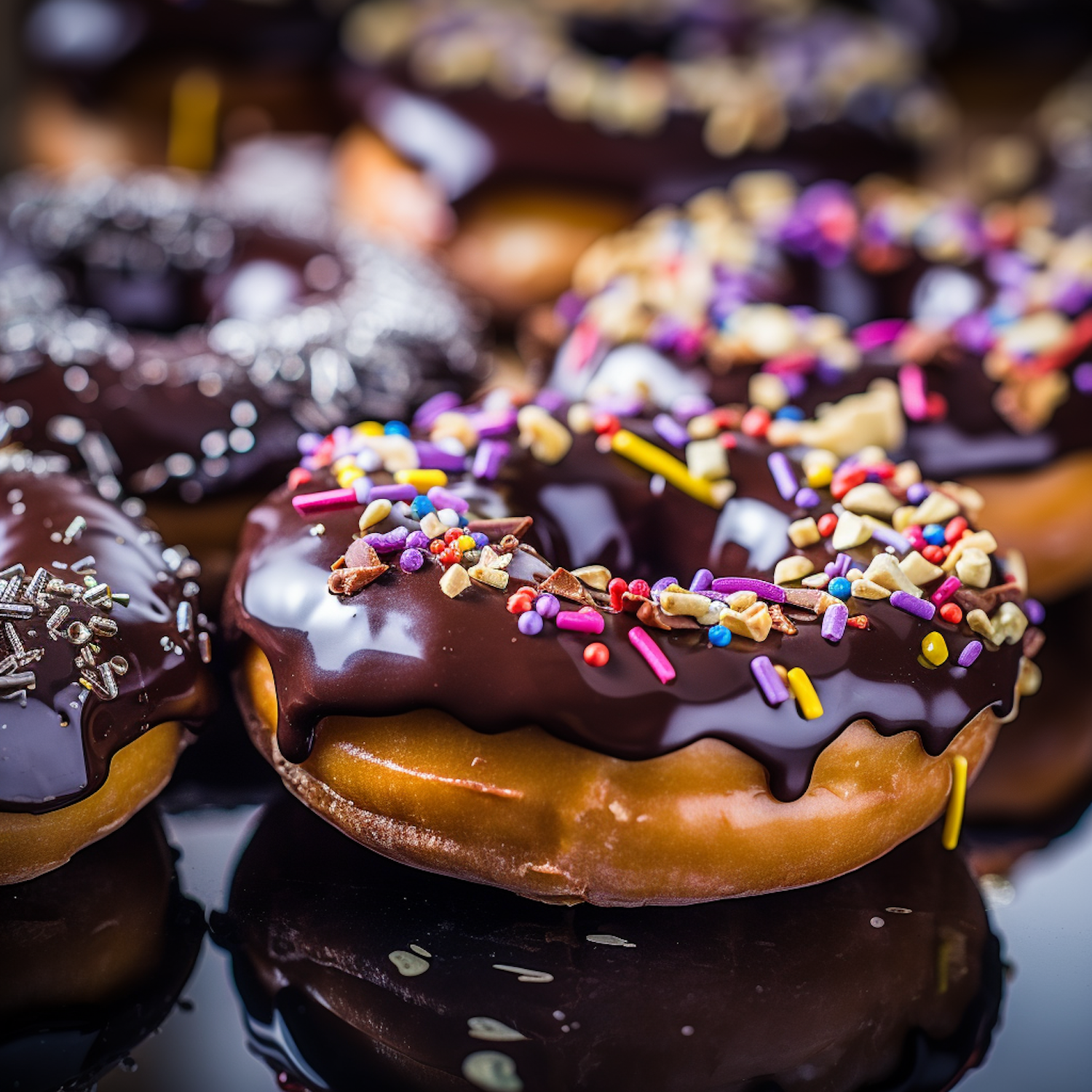 Festive Chocolate Glazed Doughnuts with Colorful Toppings