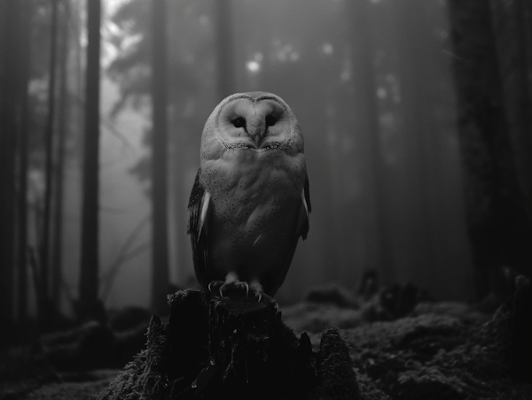 Misty Forest Owl in Black and White