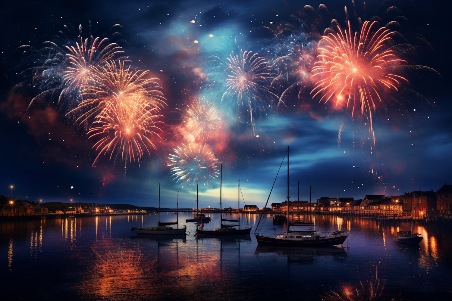 Fireworks Spectacle Reflected Over Serene Harbor