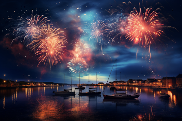 Fireworks Spectacle Reflected Over Serene Harbor