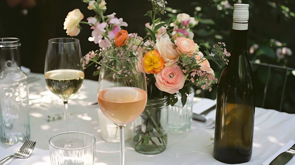 Elegant Table Setting with Floral Bouquet and Wine