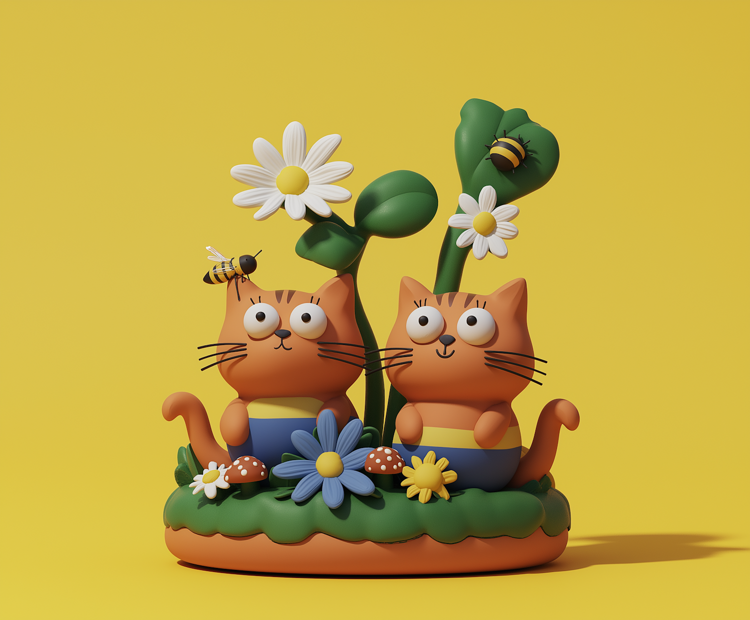 Playful Cartoon Cats in a Whimsical Garden