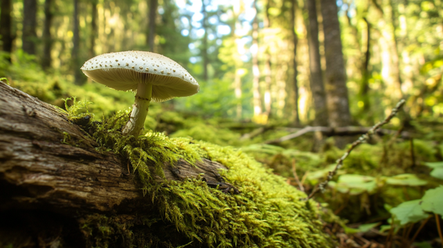 Mushroom on Moss-Covered Log