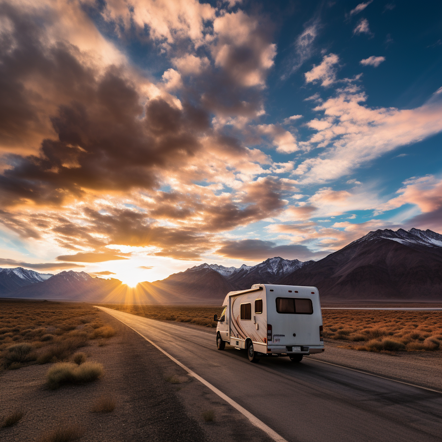 Sunset Voyage: An RV Journey Through Mountains at Dusk