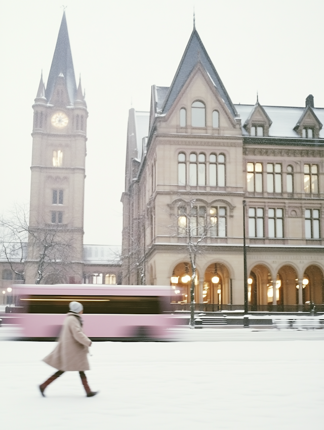 Snowy Urban Scene with Gothic Architecture