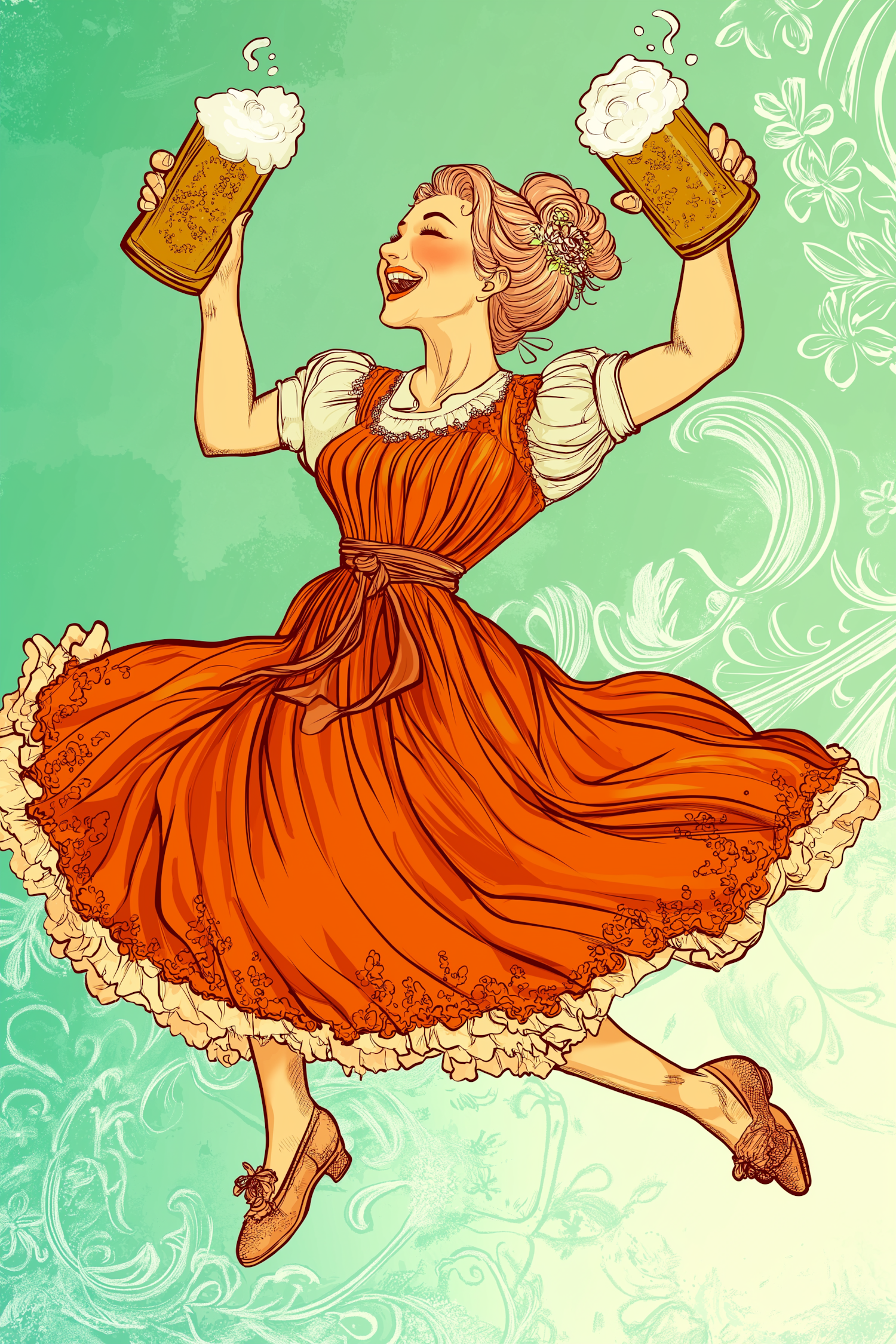 Joyful Woman in Traditional Dress with Beer Mugs