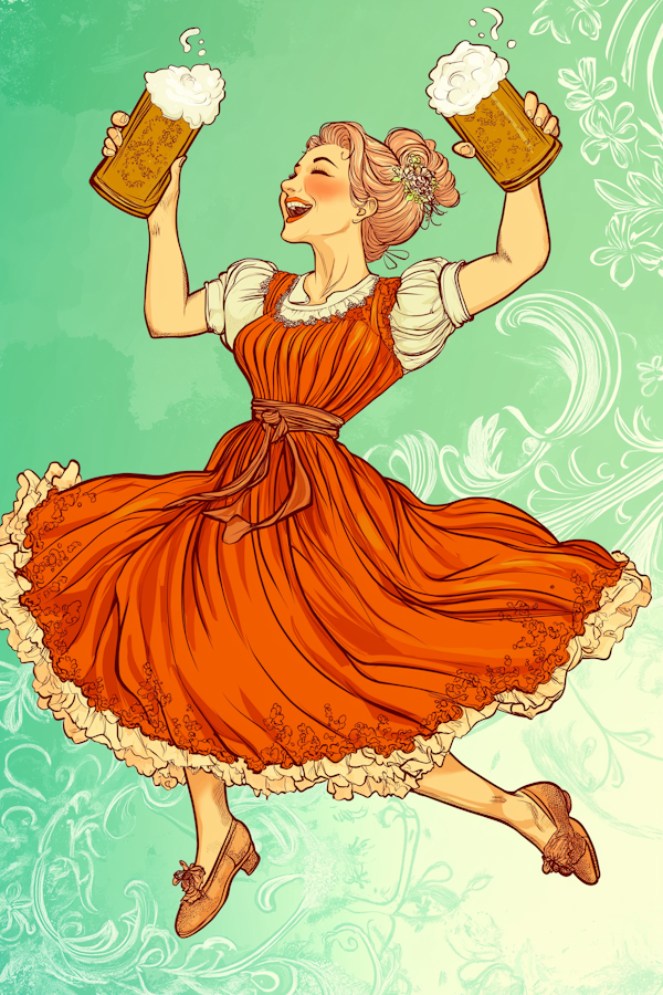 Joyful Woman in Traditional Dress with Beer Mugs