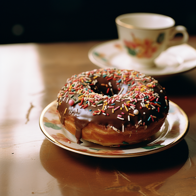 Chocolate Frosted Sprinkle Doughnut on Floral Porcelain Plate