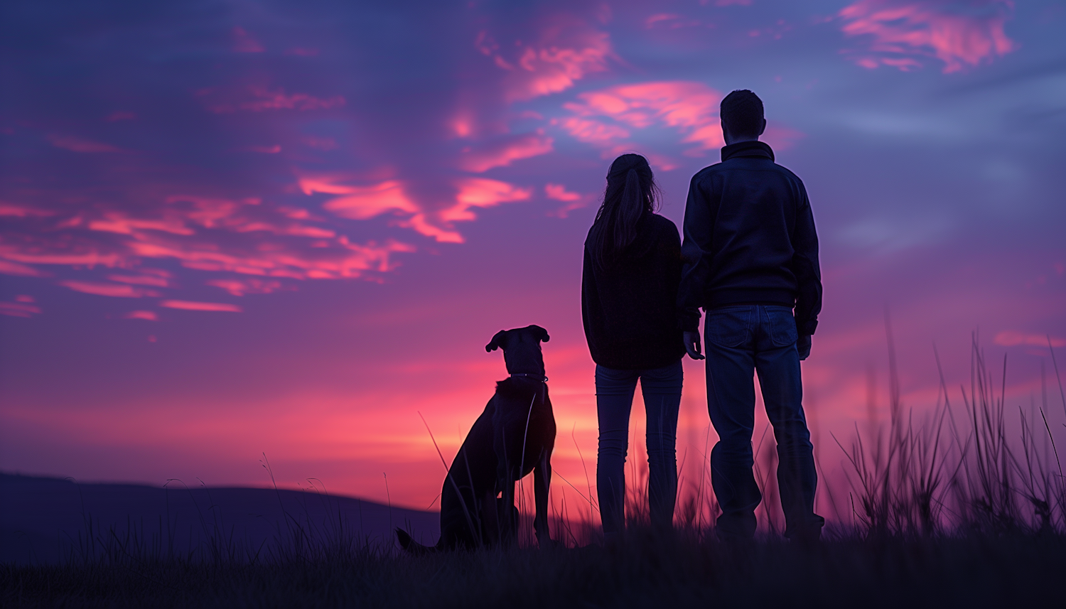 Silhouetted Couple and Dog at Sunset