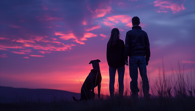 Silhouetted Couple and Dog at Sunset