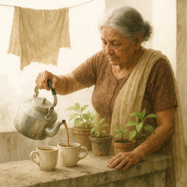Art Of An Elderly Woman Pouring Tea