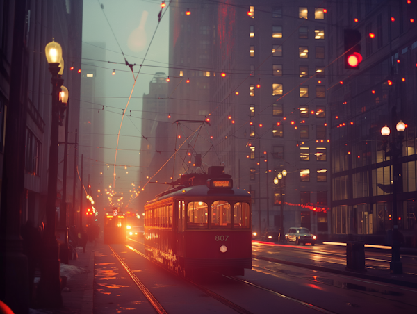 Vintage Red Streetcar in Urban Twilight