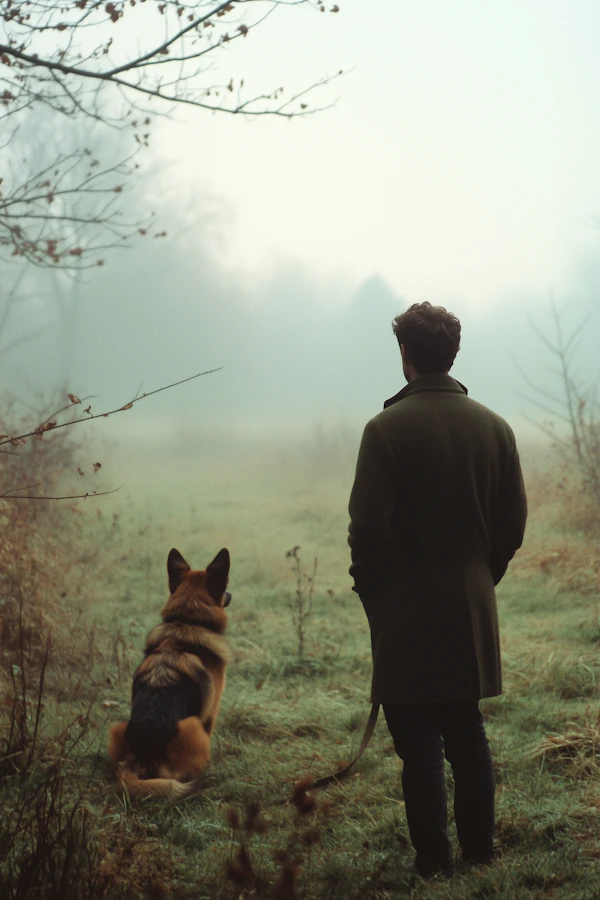 Man and Dog in Misty Field