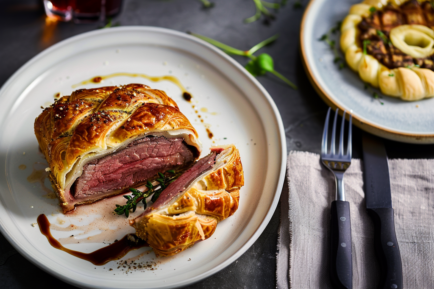 Beef Wellington on White Plate