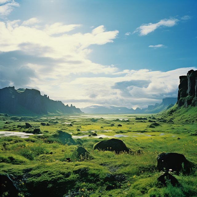 Meadow Serenity with Mountains and Cliffs