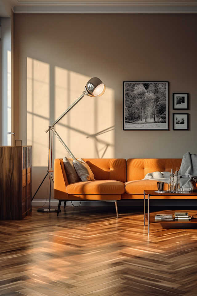 Warm Contemporary Living Room with Vibrant Orange Sofa and Herringbone Wood Floor