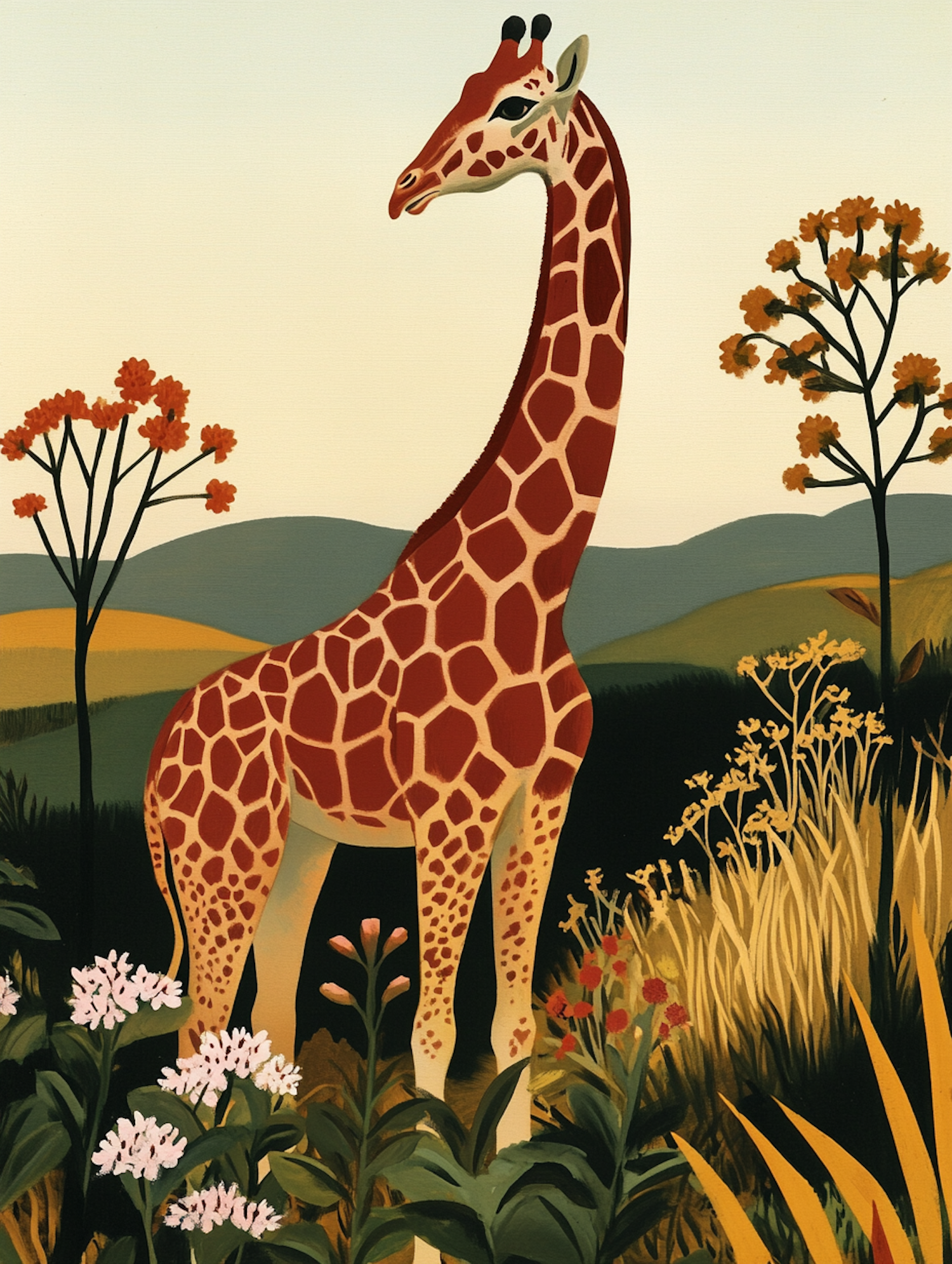 Stylized Giraffe in Vibrant Landscape