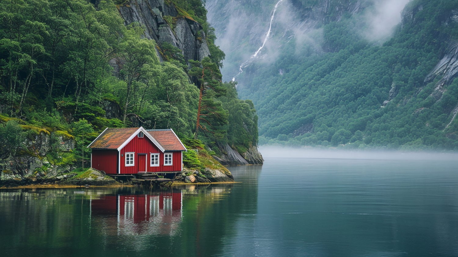 Serene Landscape with Red Cabin