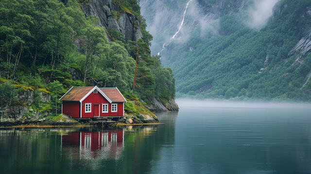 Serene Landscape with Red Cabin