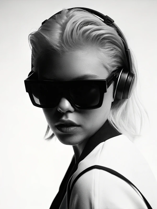 Monochrome Portrait with Headphones and Sunglasses