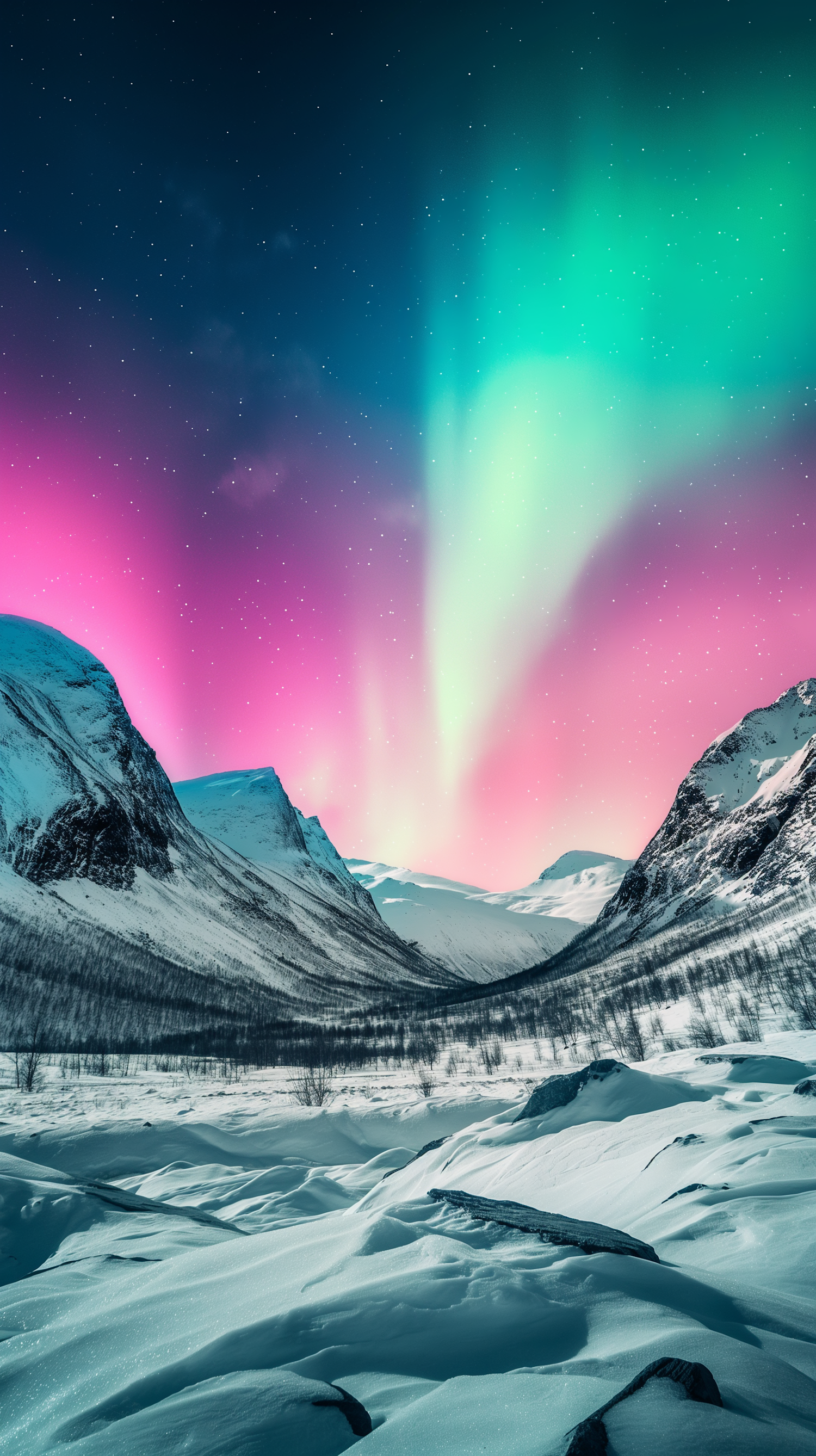 Aurora Borealis Over Snowy Mountains