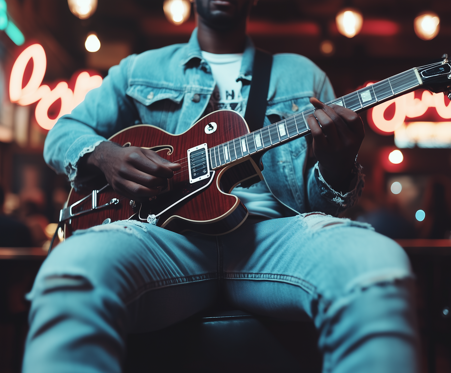 Guitarist in Denim at Night