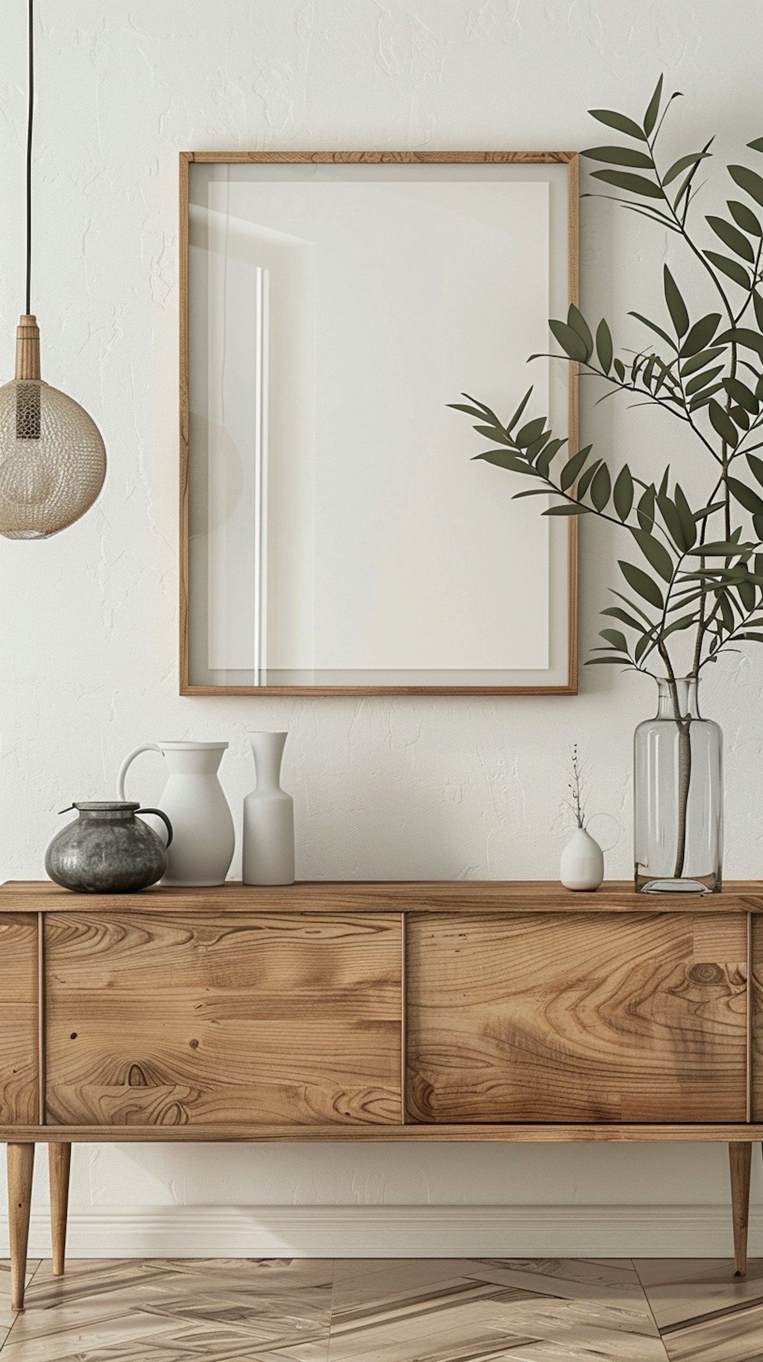 Modern Interior with Wooden Sideboard and Decorations