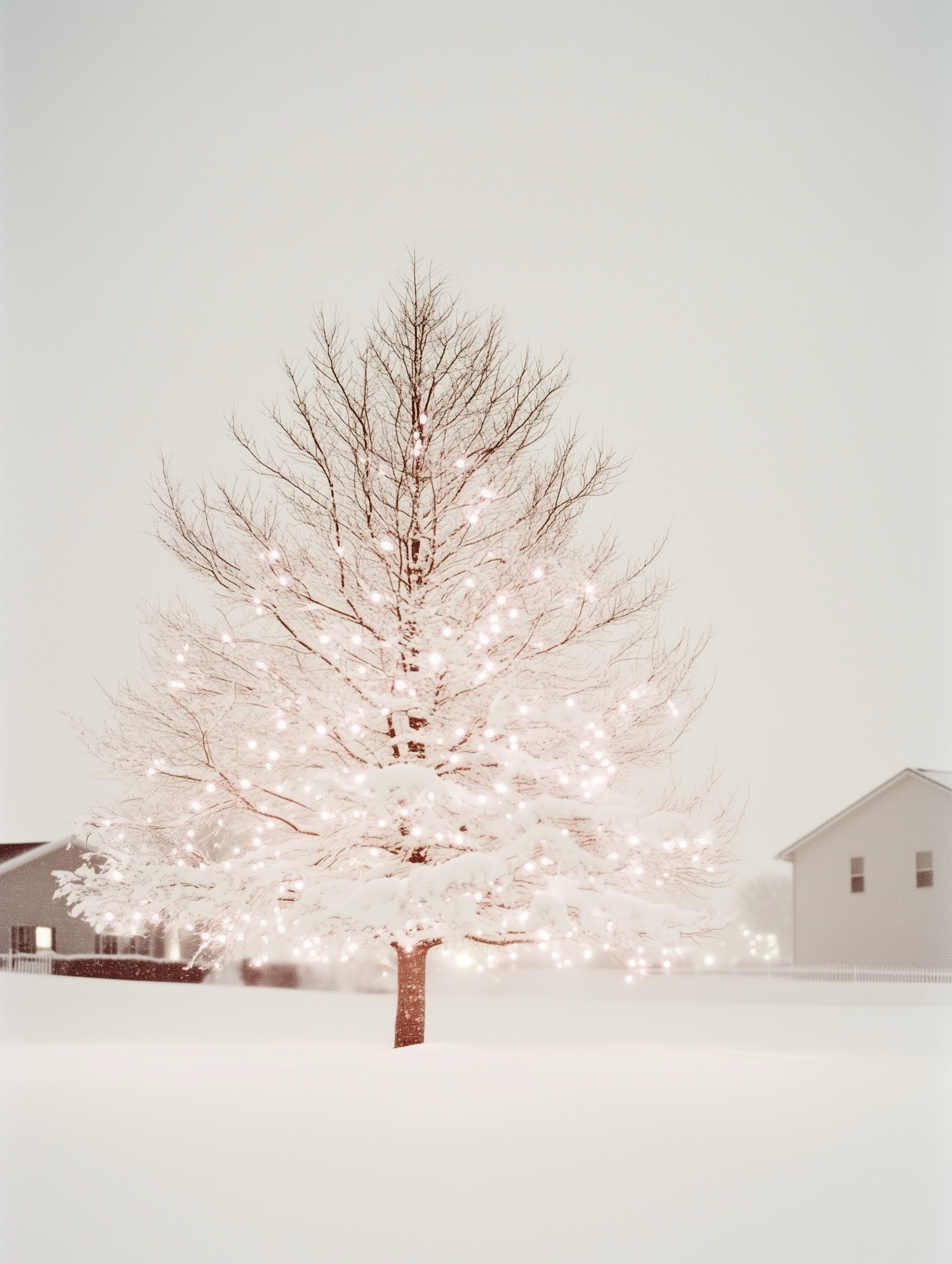 Illuminated Tree in Snowy Landscape