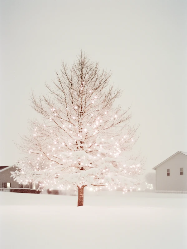 Illuminated Tree in Snowy Landscape