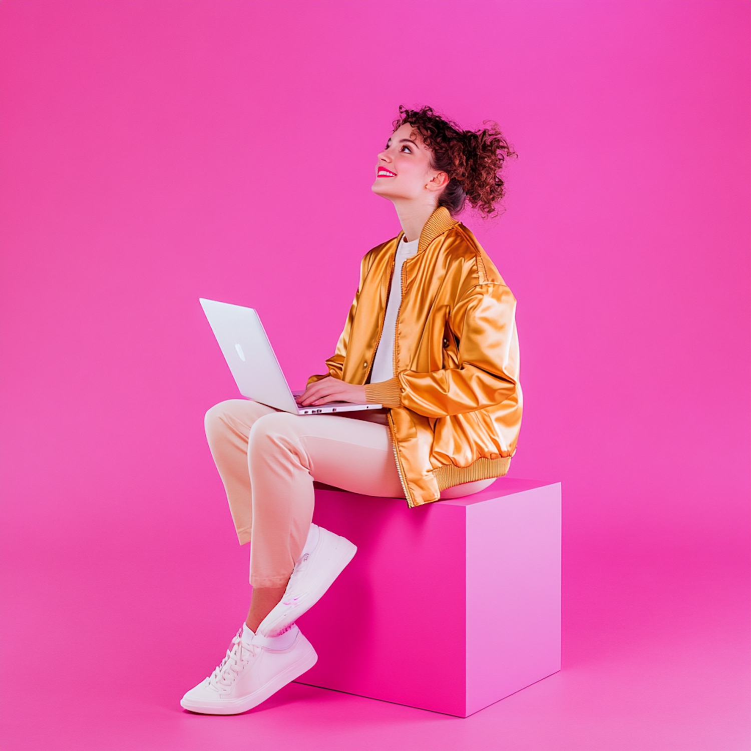 Woman with Laptop on Pink Cube