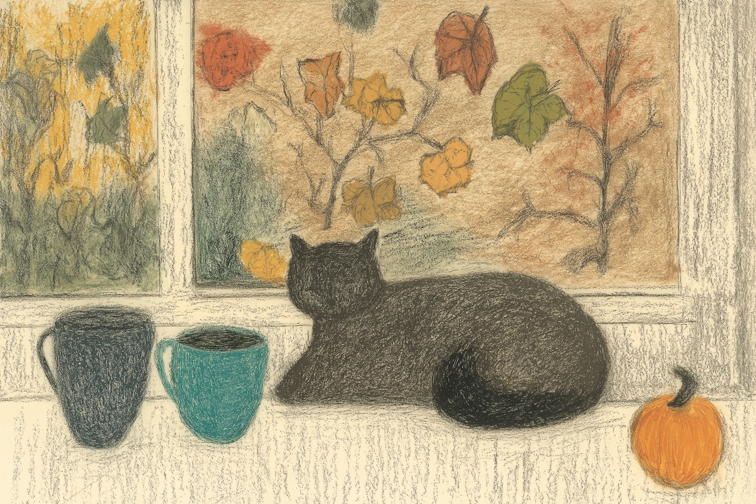 Cozy Autumn Scene with Black Cat