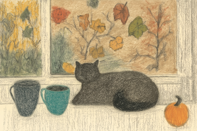 Cozy Autumn Scene with Black Cat