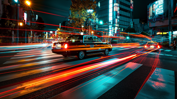 Pause in Motion: Nighttime Cityscape with Taxi