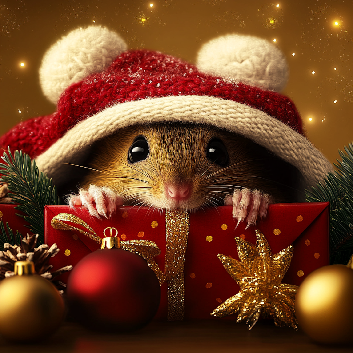 Festive Mouse Under Santa Hat