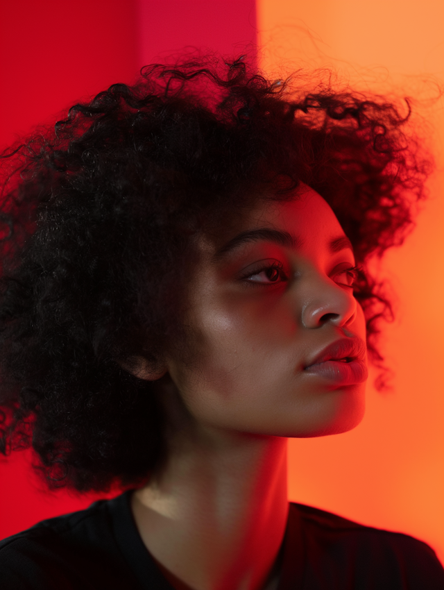 Contemplative Young Woman in Red Light