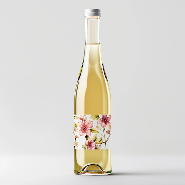 Elegant Floral-Labelled Bottle with Pale Yellow Liquid