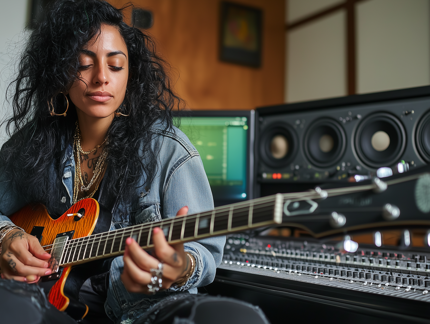 Woman Playing Electric Guitar in Recording Studio