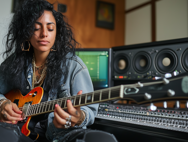 Woman Playing Electric Guitar in Recording Studio