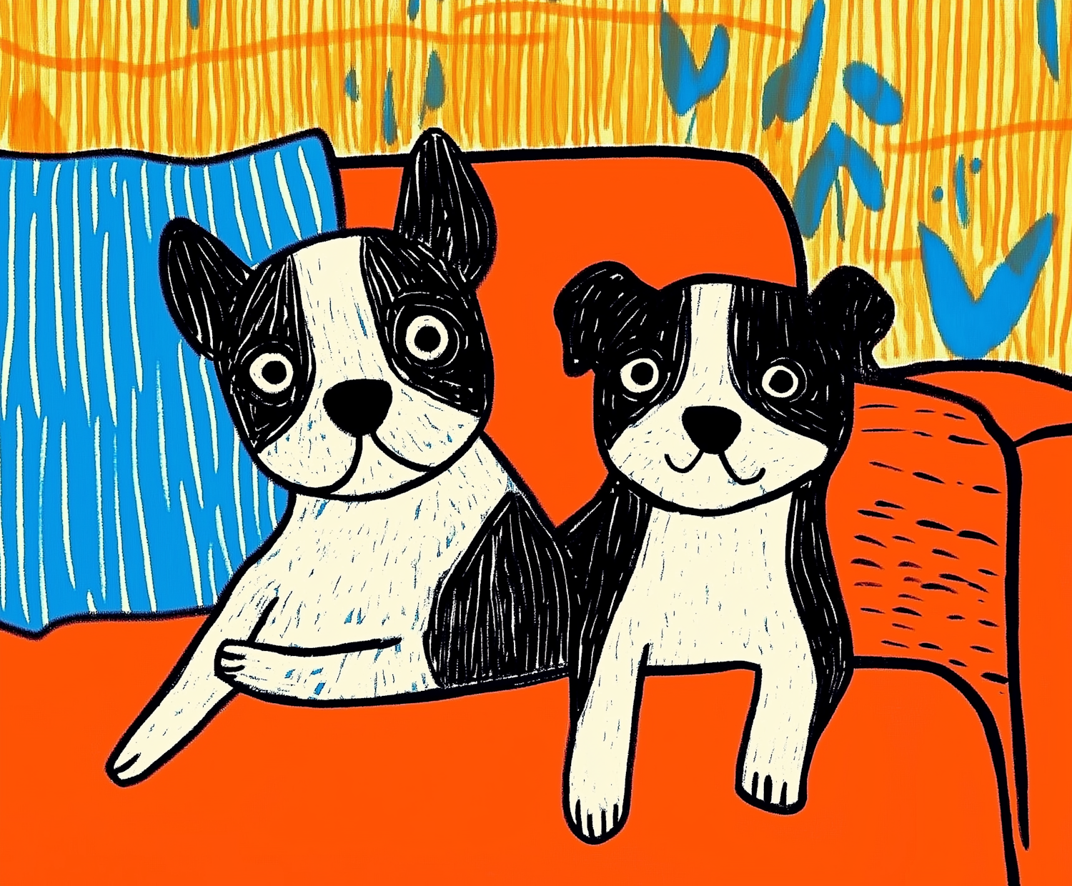 Cartoon French Bulldogs on a Couch