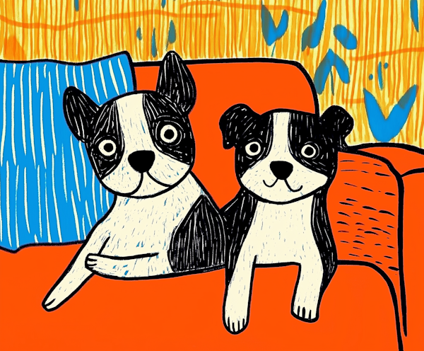 Cartoon French Bulldogs on a Couch