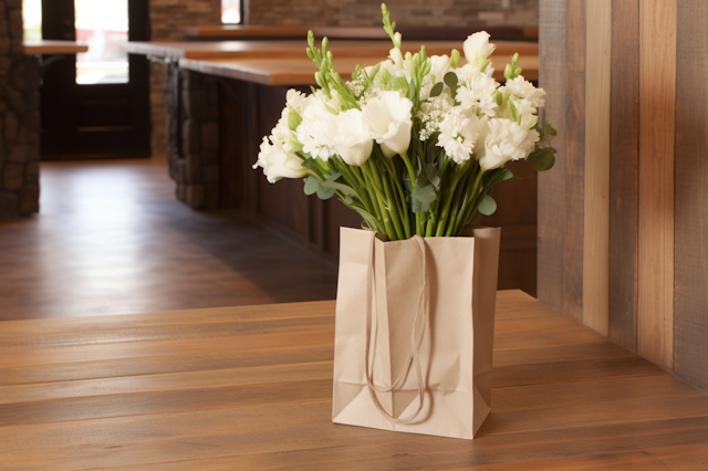 Rustic Elegance: White Blooms in Eco-Friendly Paper Bag