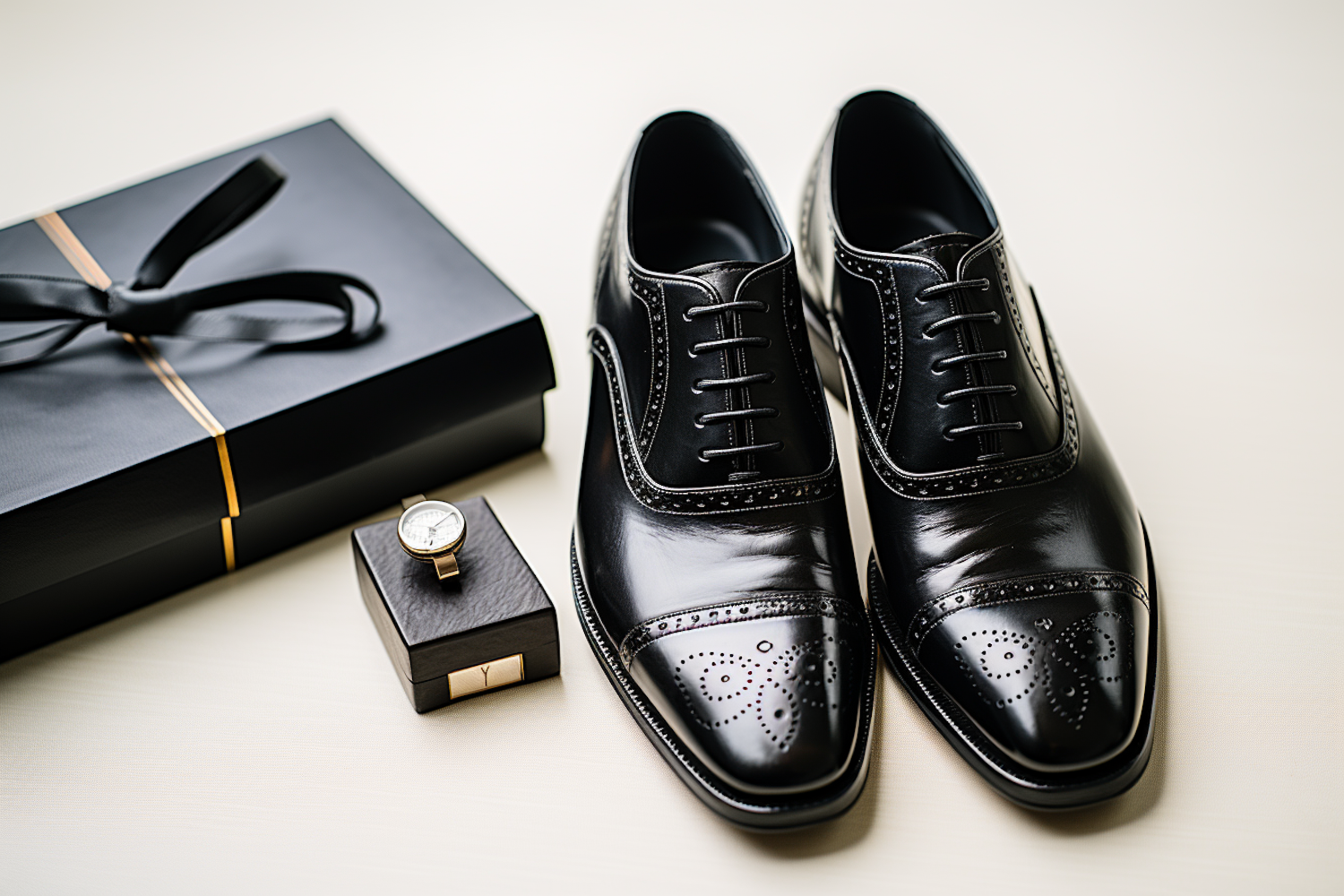 Elegant Dress Shoes and Wristwatch Presentation