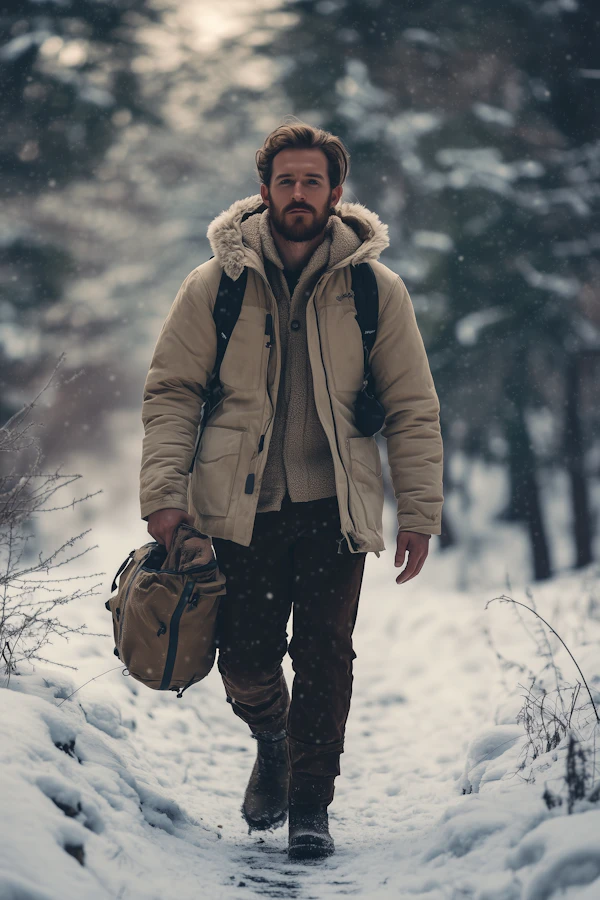 Man Walking Through Snowy Forest