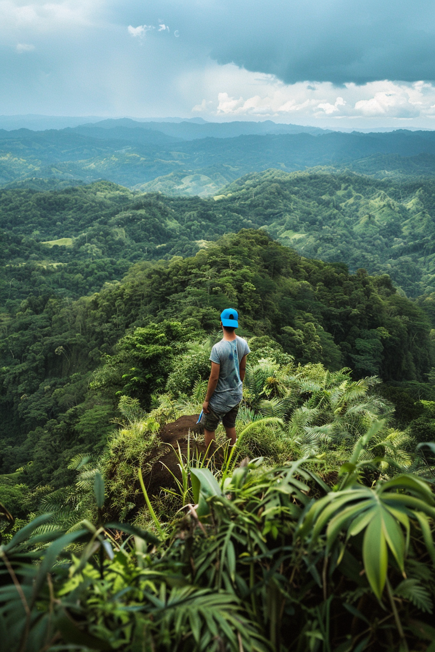 Man Overlooking Lush Green Hills