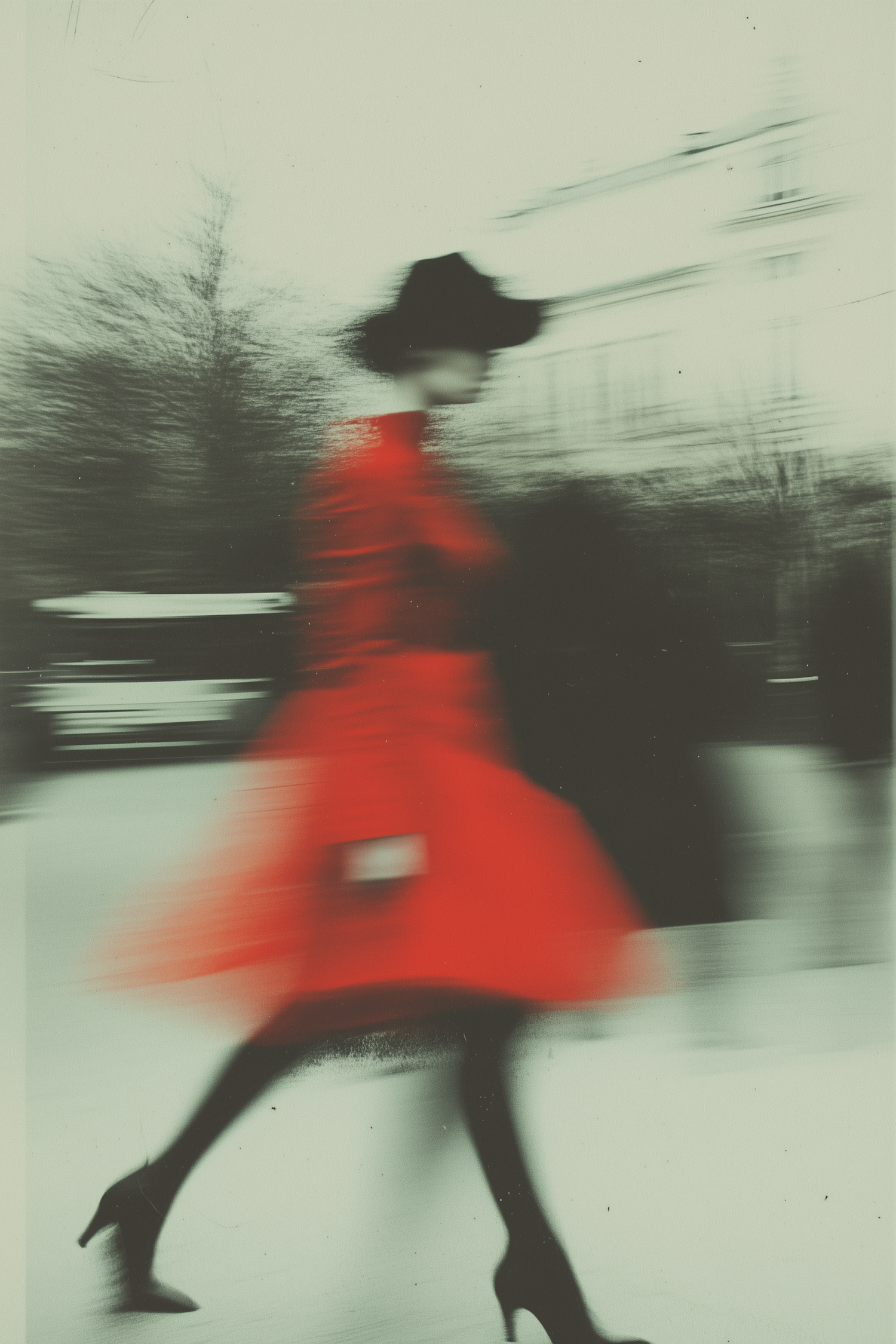 Blurred Figure in Red Outfit