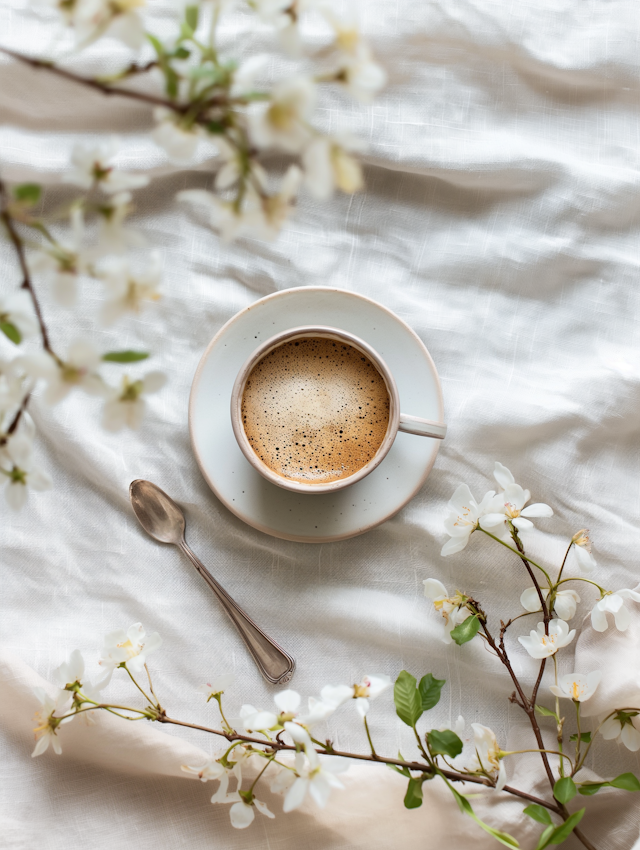 Serene Coffee Still-Life with Blossoms