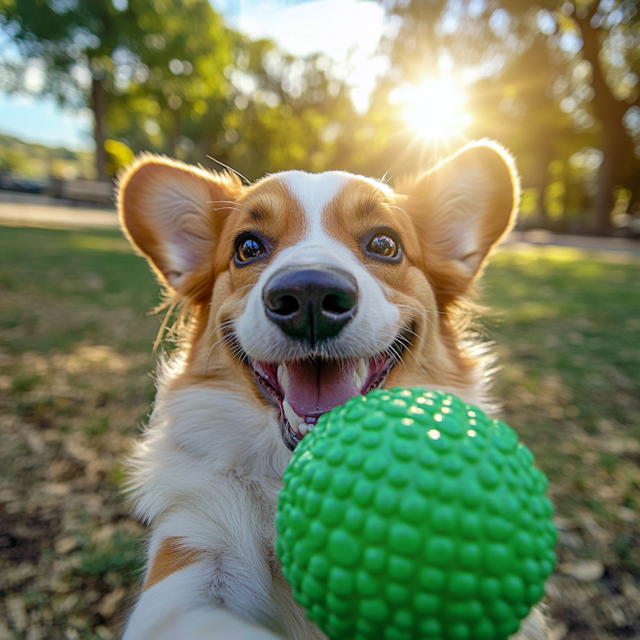 Joyful Corgi with Green Ball