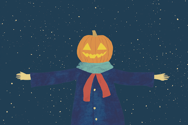 Pumpkin Head Figure on Starry Night